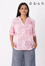 Cotton Gauze Blouse with Roll Tab Sleeve and Petal Print by DASH - Coral