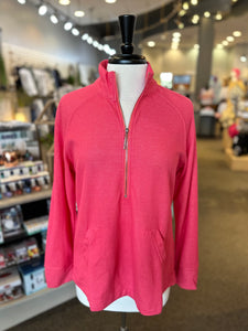 Lulu B Textured Knit Quarter Zip with Front Pocket - Coral