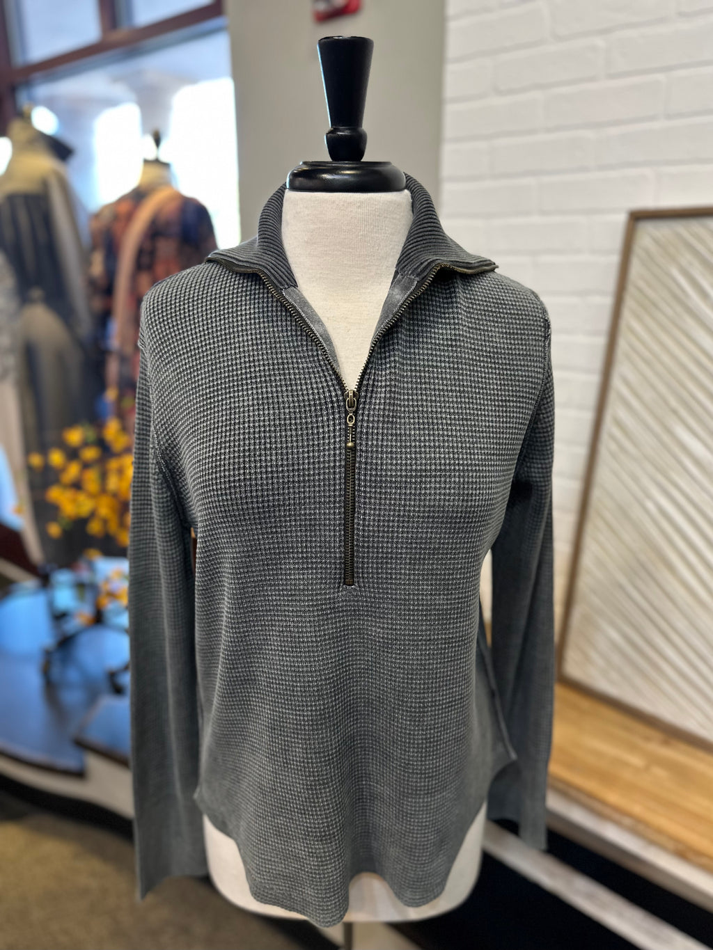 PBJ Blues Mini Waffle Quarter Zip Cotton Pullover - Charcoal