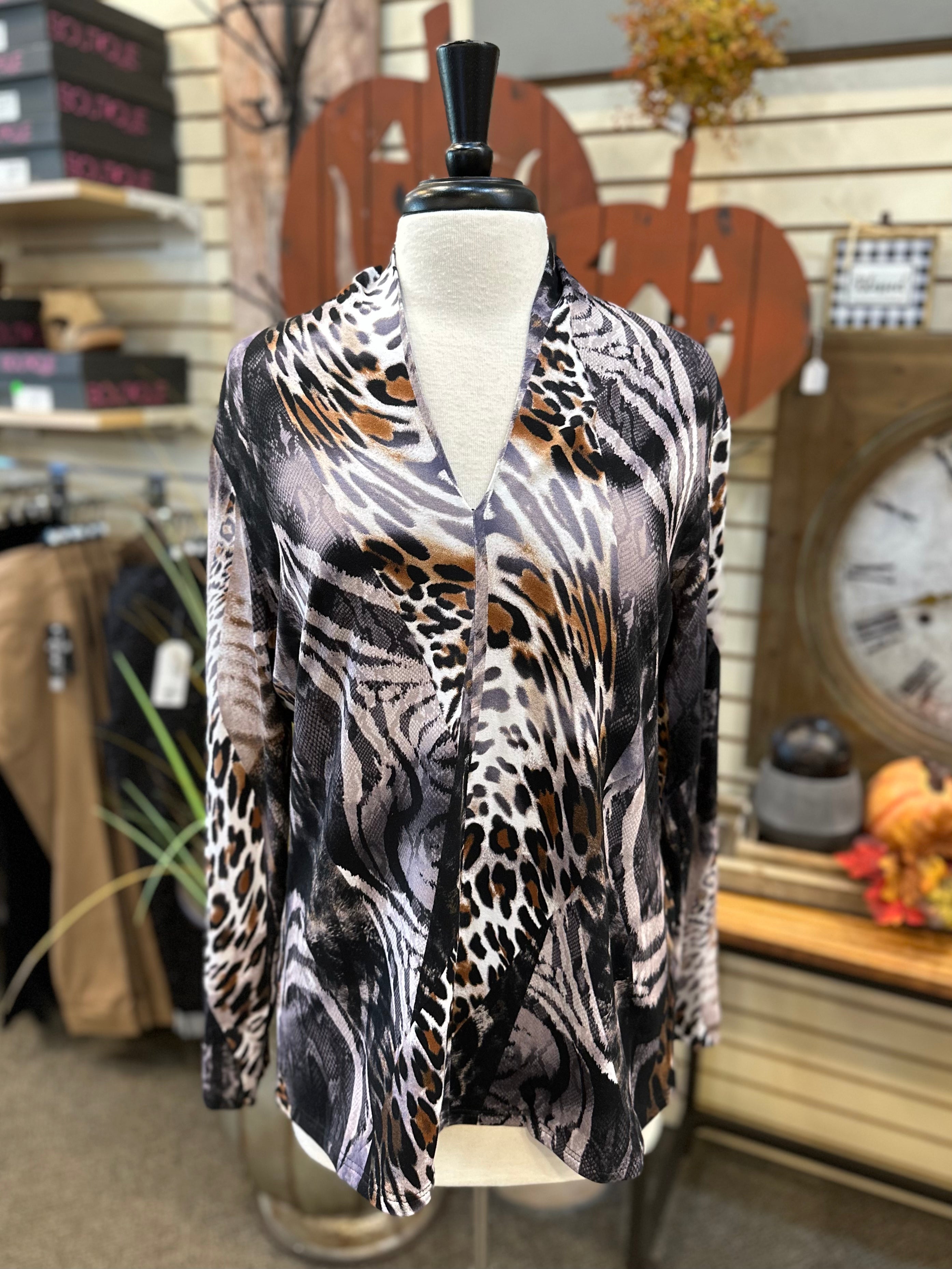 Ethyl Rolled Neck Knit Animal Print Top
