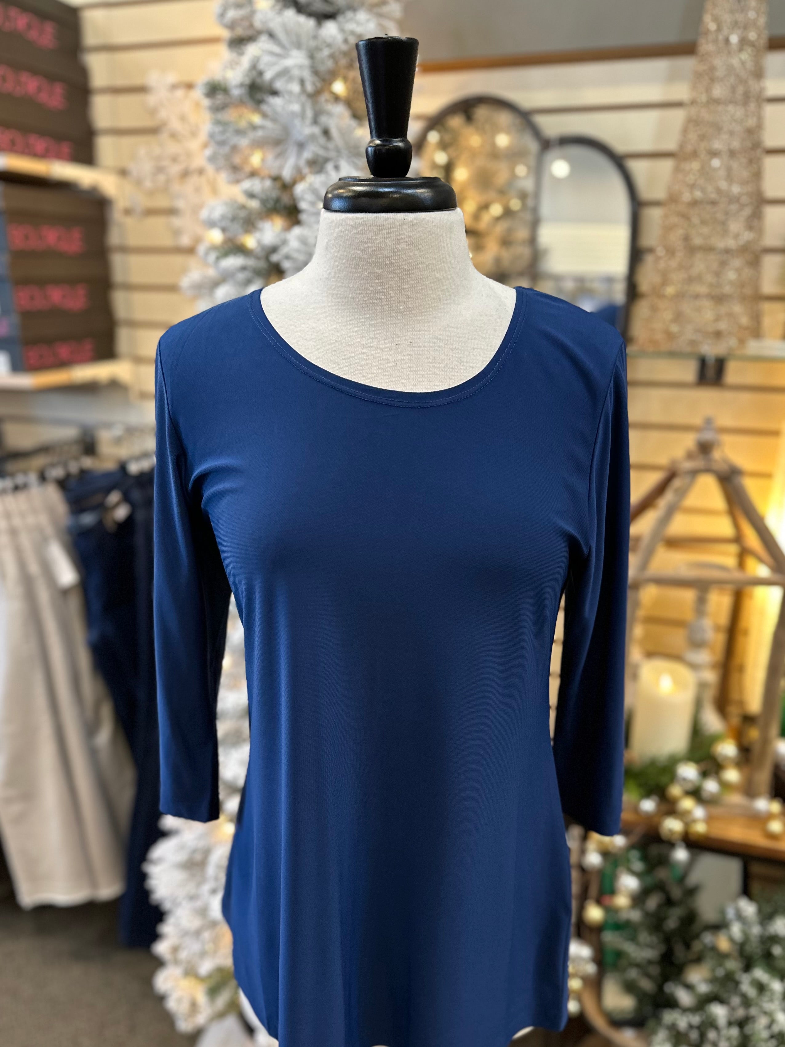 Navy 3/4 Sleeve Scoop Neck Top by Creation