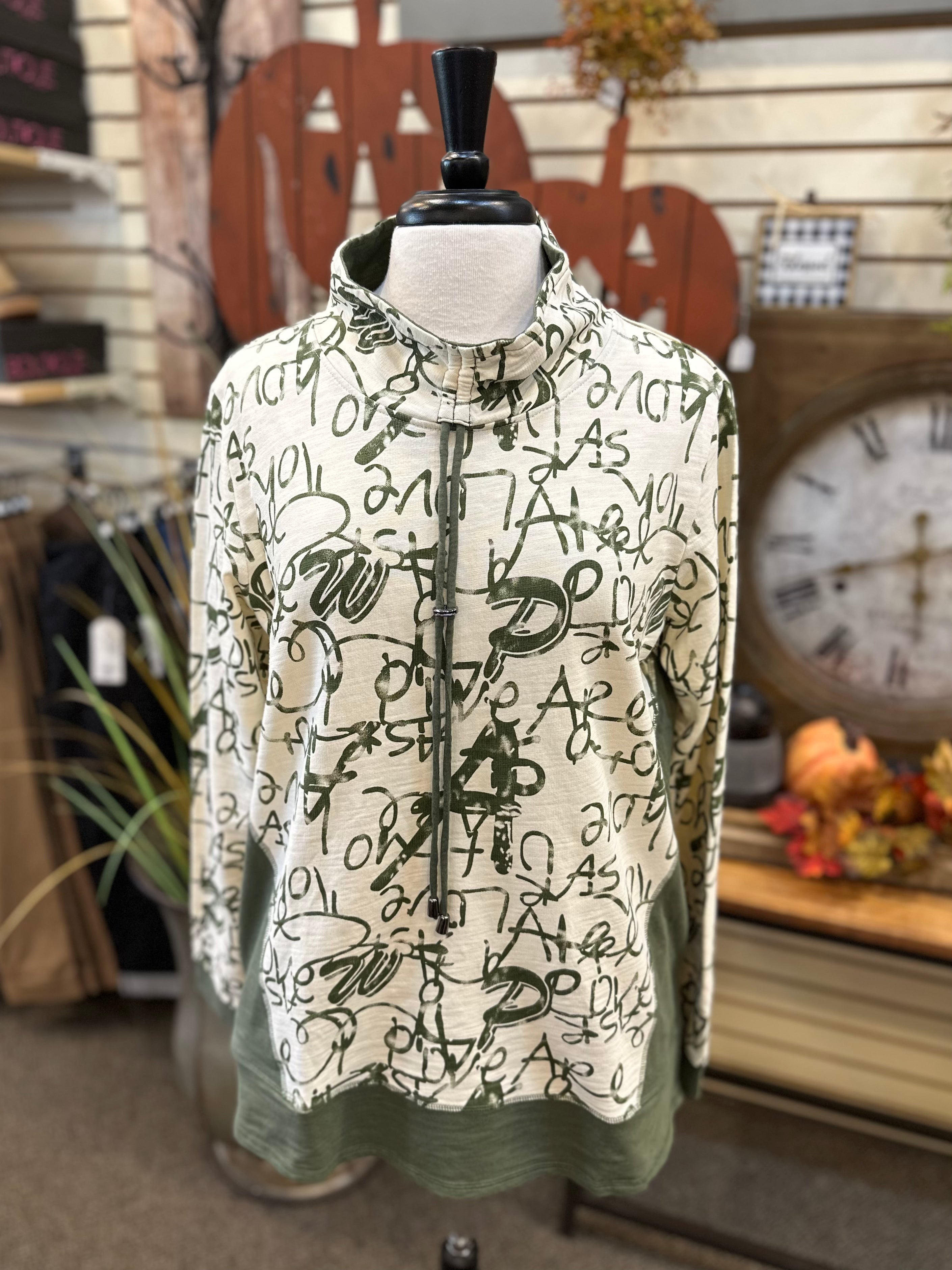 Wild Palms Graphic Letter Print Mock Neck Top