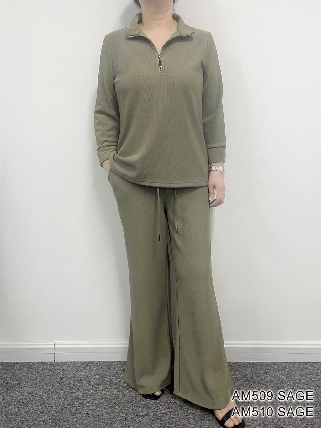 Ribbed 3/4 Sleeve Zip Top - Sage