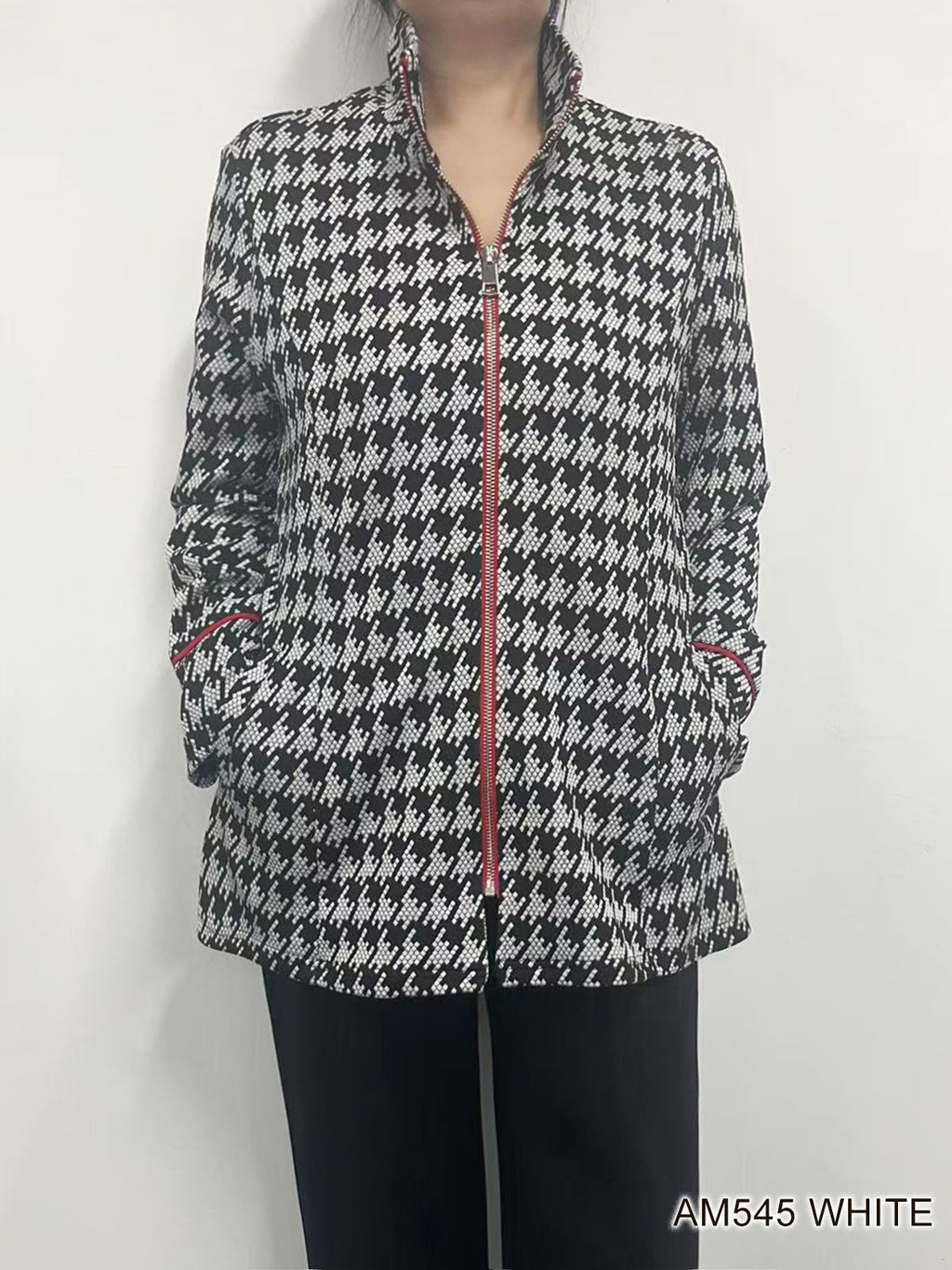 Houndstooth Zip Jacket with Red Zipper by Creation