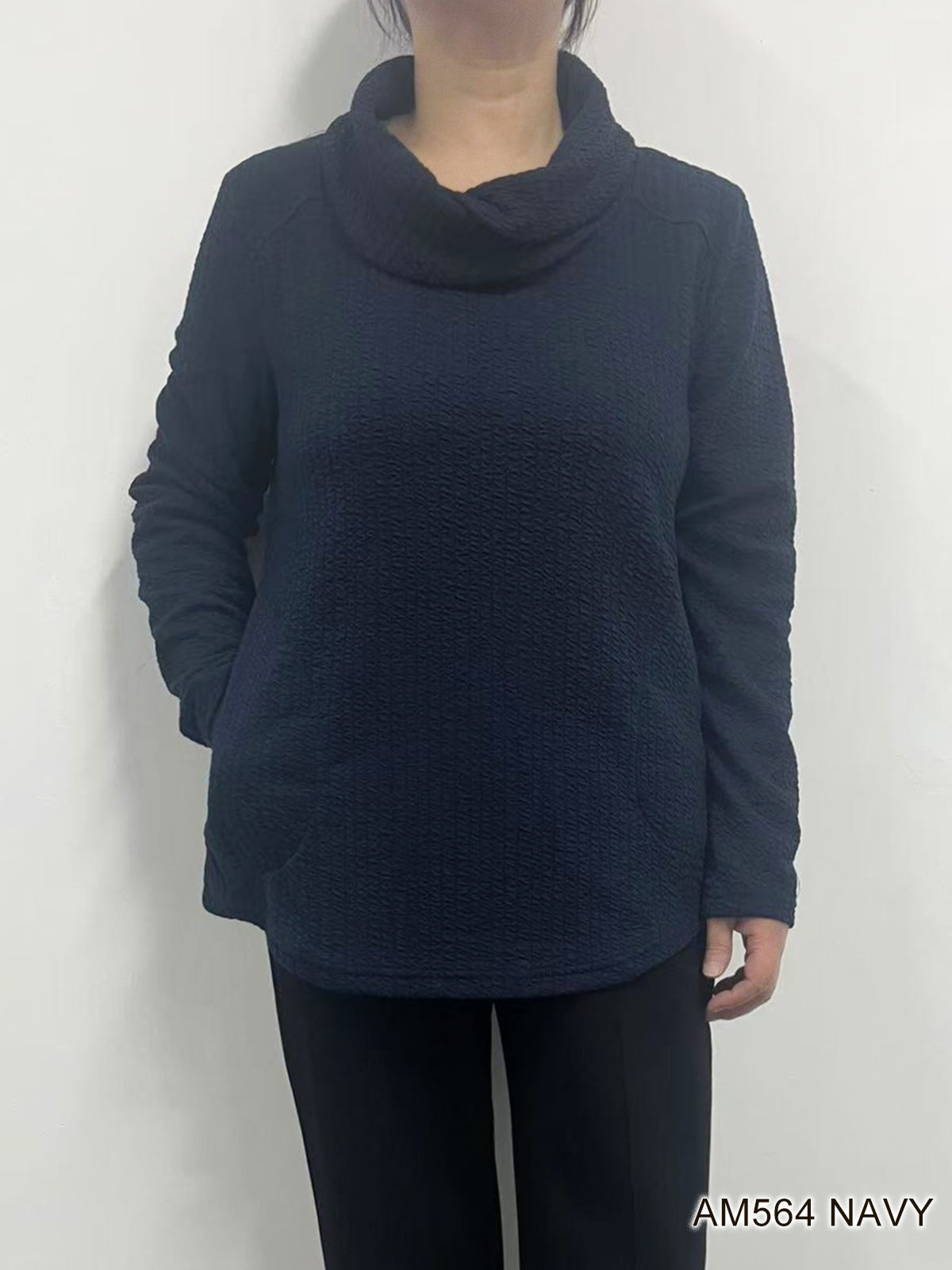 Cowl Neck Sweater with Pockets by Creation - Navy