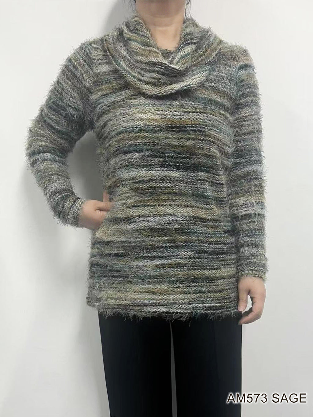 Cowl Neck Eyelash Knit Sweater by Creation - Sage