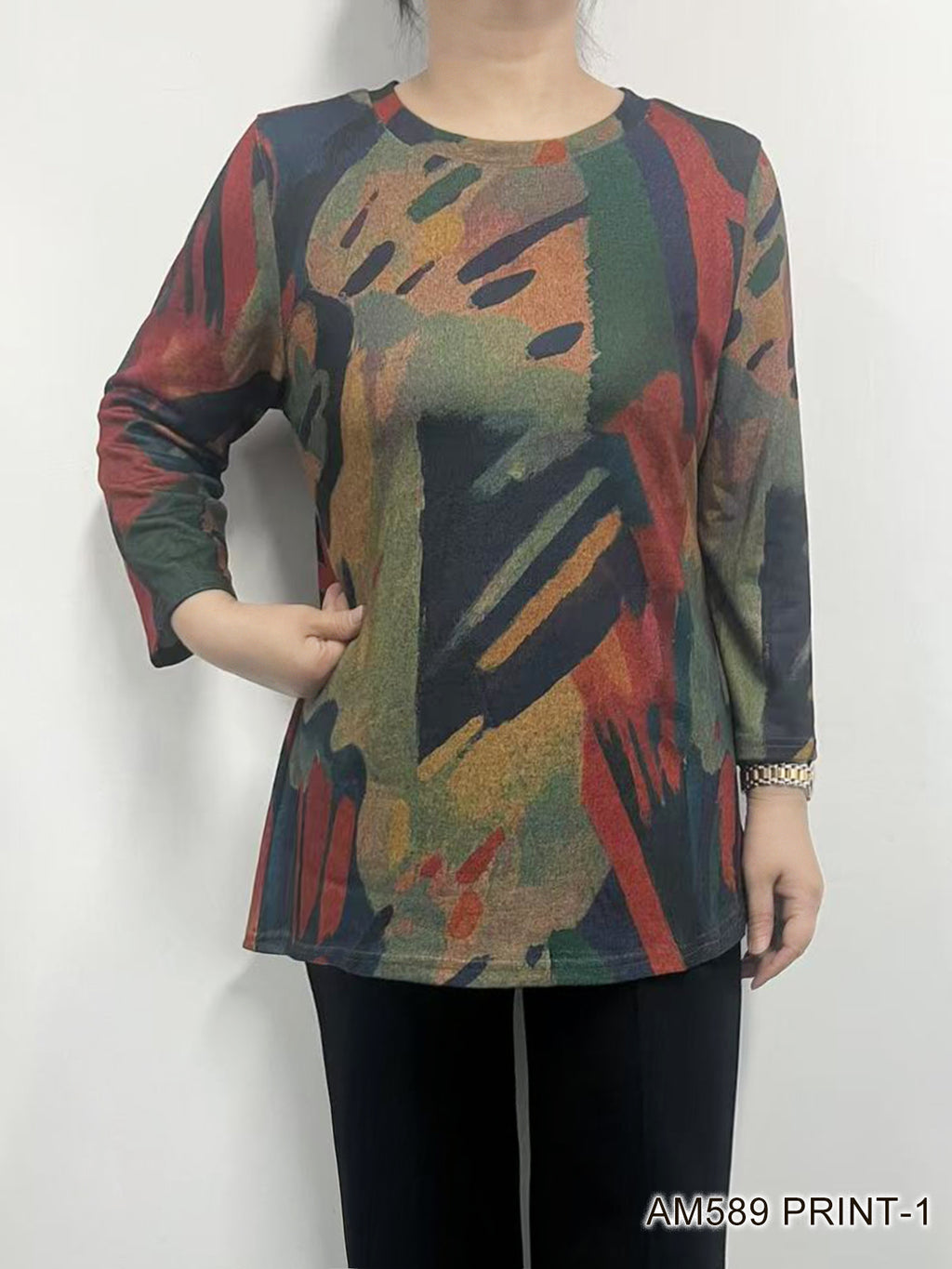 Printed 3/4 Sleeve Crew Neck Top - Abstract Print