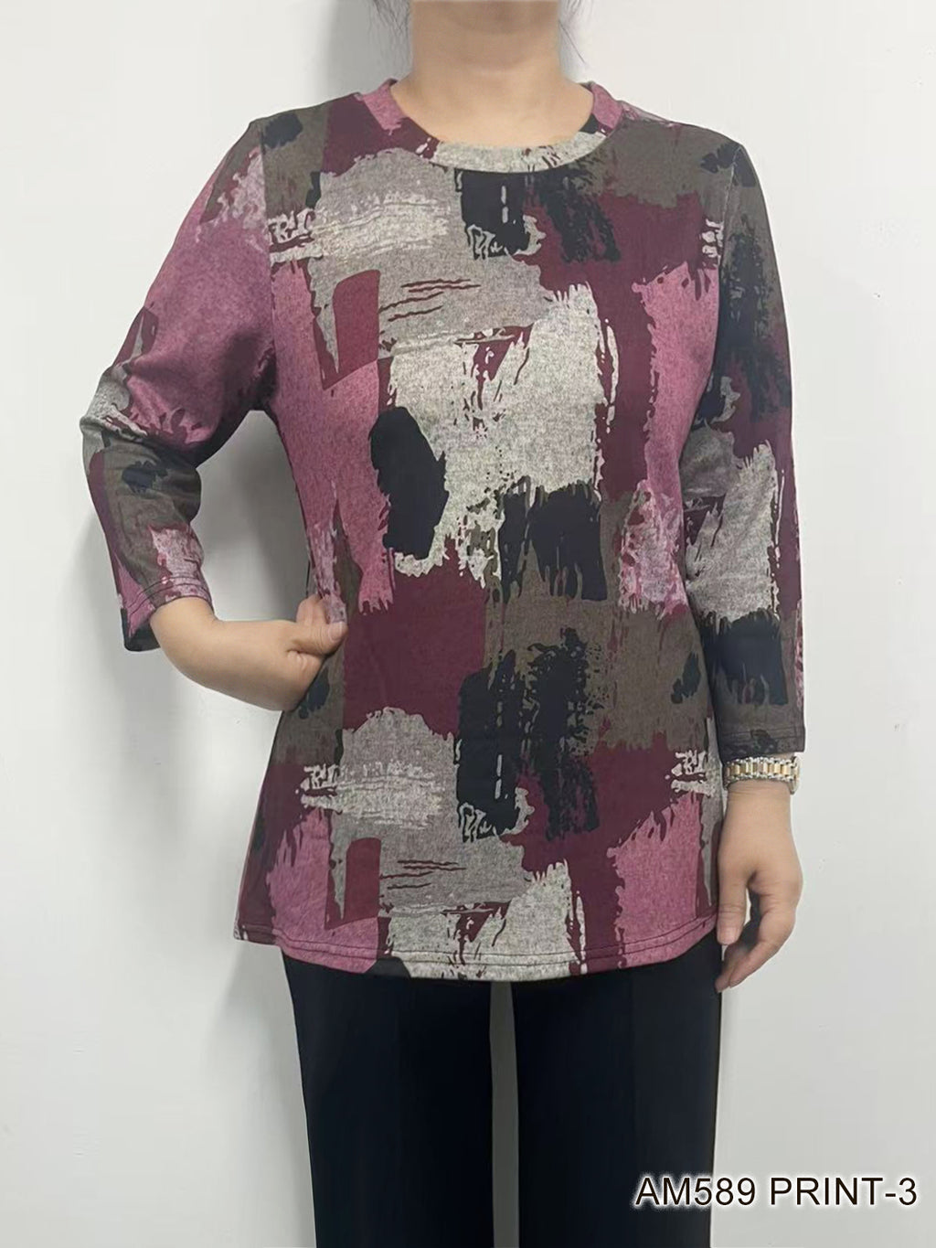 Printed 3/4 Sleeve Crew Neck Top - Purple Abstract