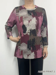 Printed 3/4 Sleeve Crew Neck Top - Purple Abstract
