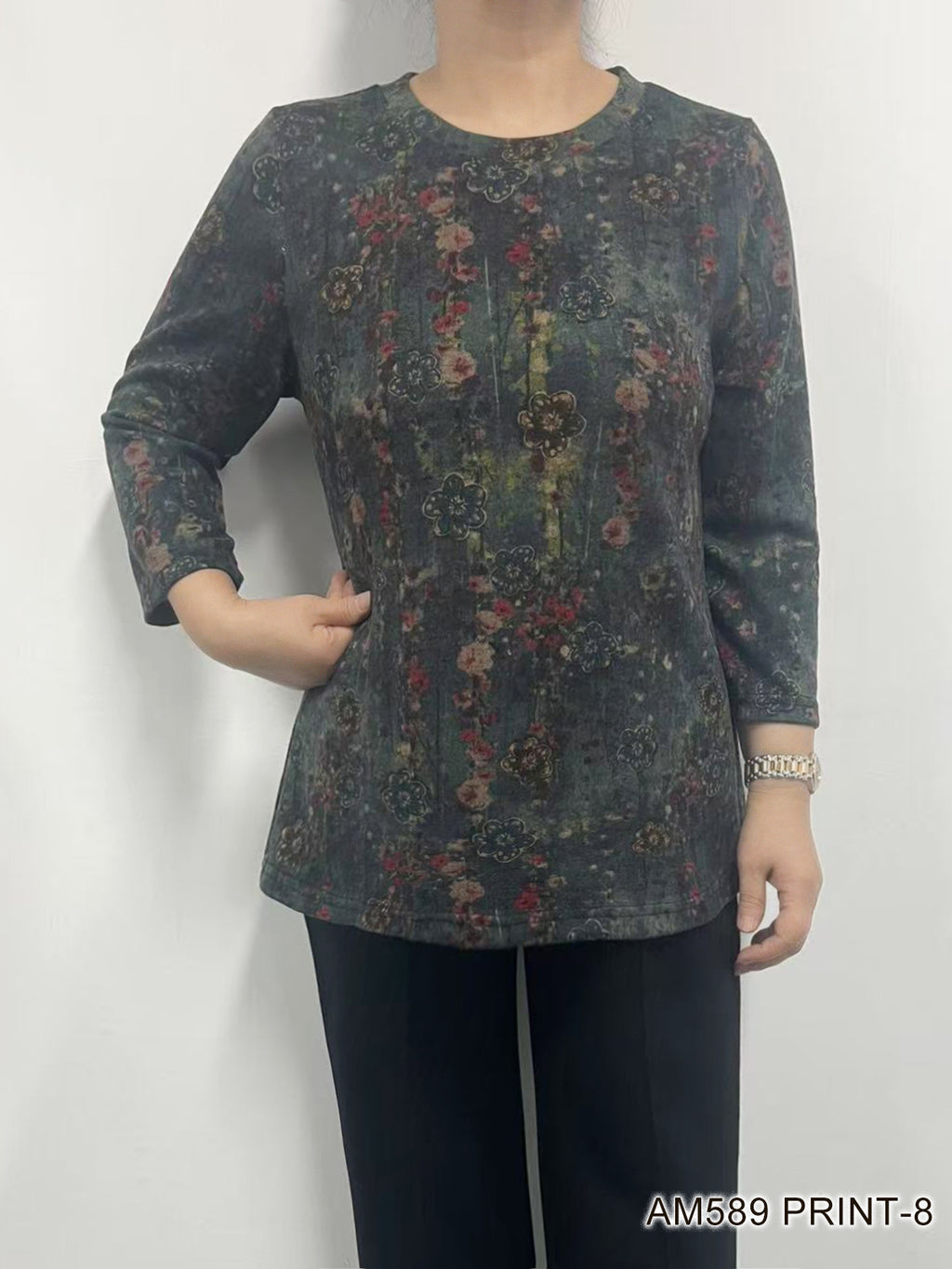 Printed 3/4 Sleeve Crew Neck Top - Floral Print