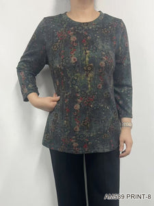 Printed 3/4 Sleeve Crew Neck Top - Floral Print