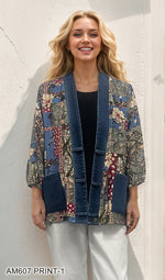 Floral Kimono Cardigan with Denim Trim Detail