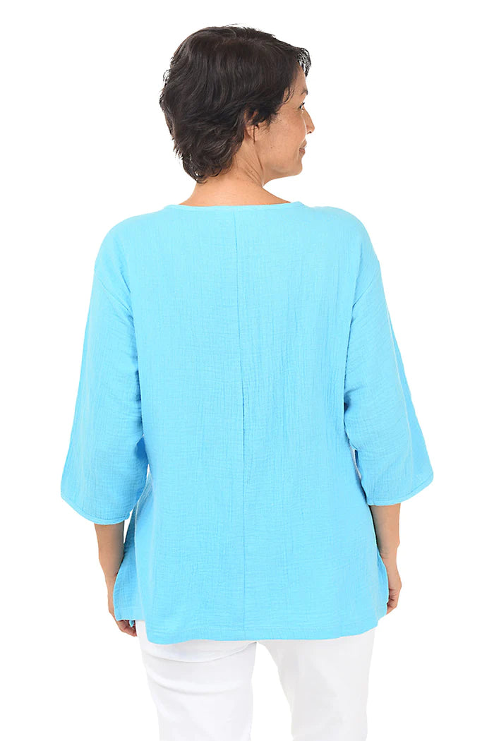 Lulu B Cotton Gauze Top with Button Trim - Turquoise