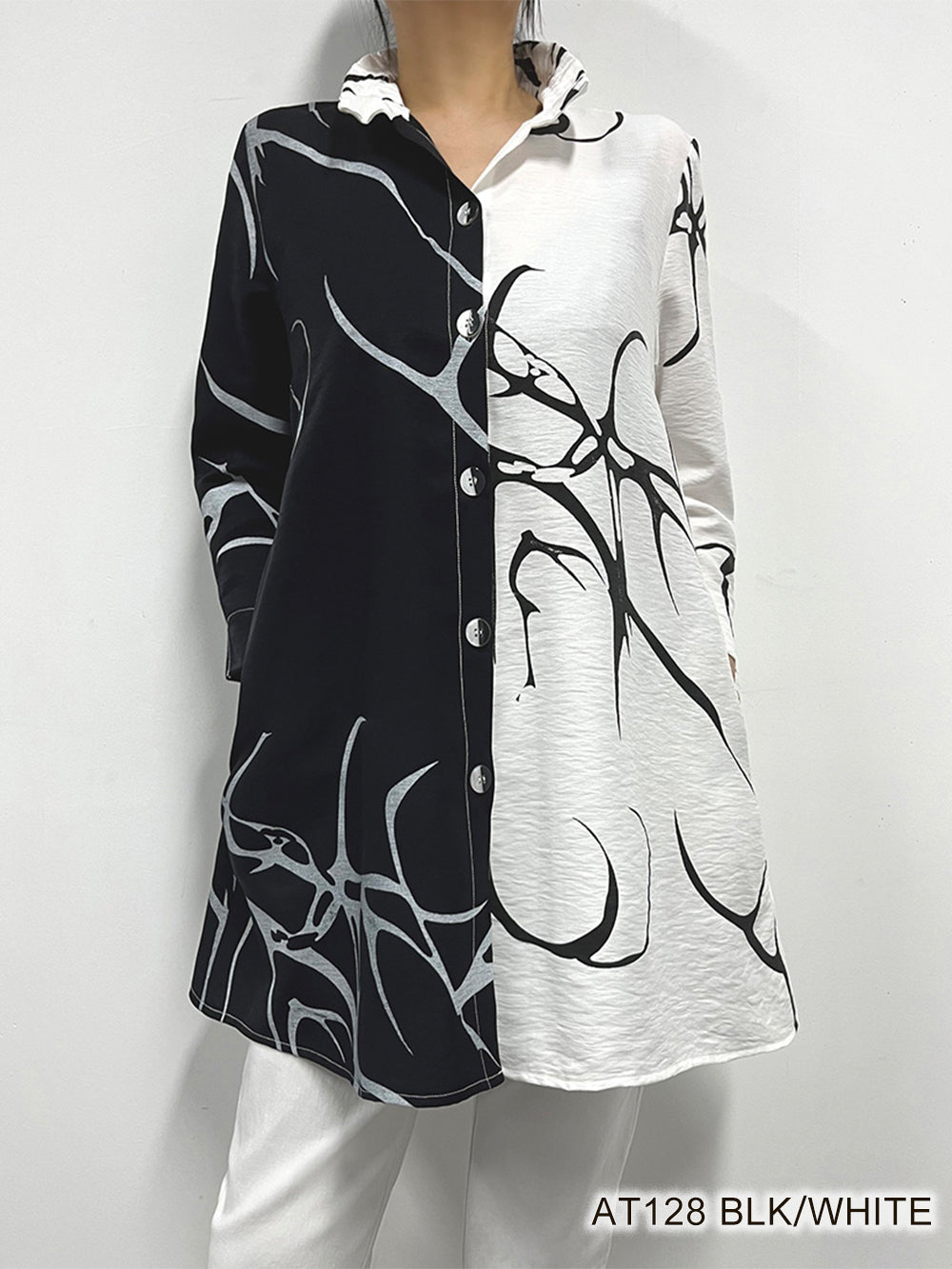 Button Down Printed Tunic Top with Wired Collar and Pockets by Creation