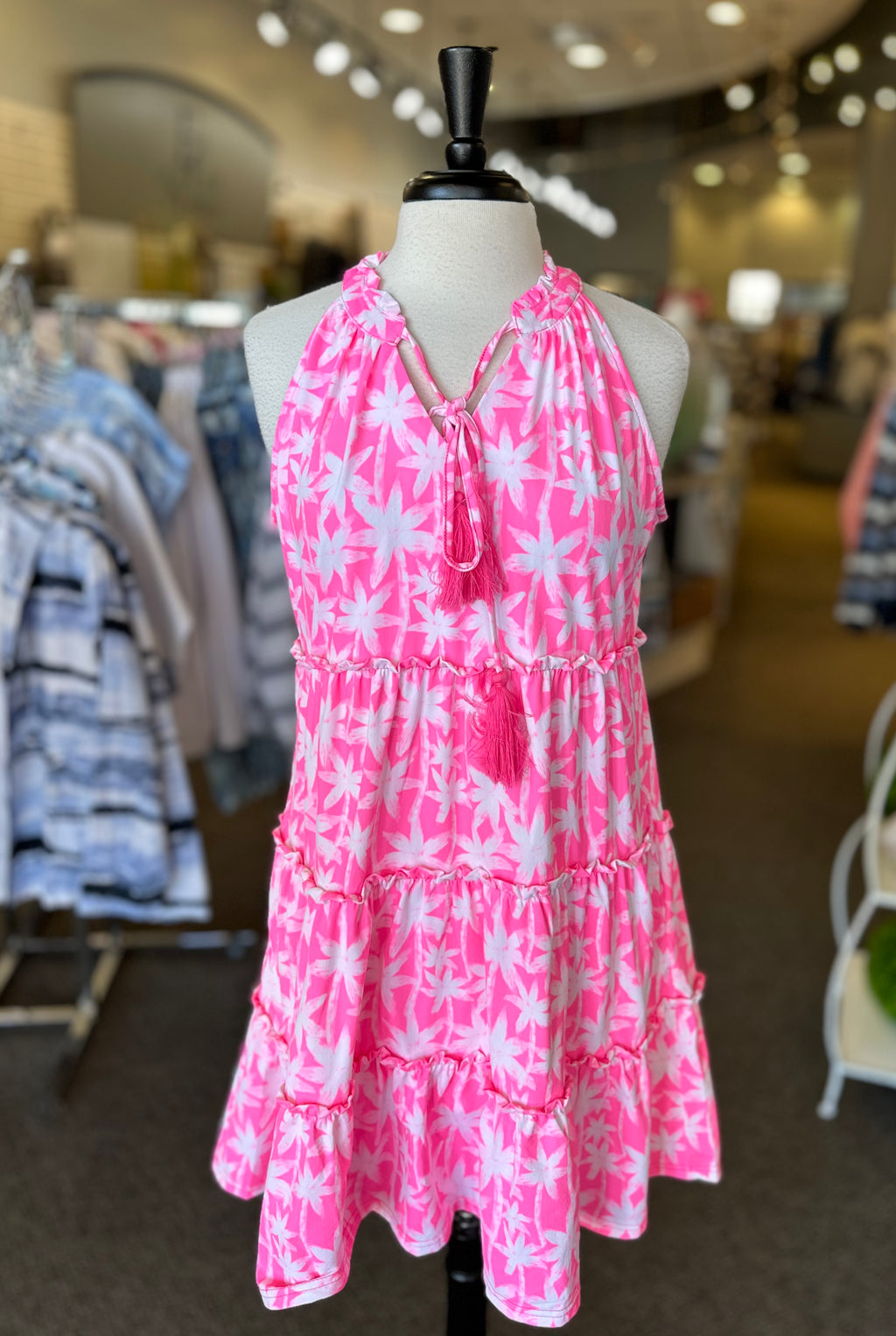 Beachtime by Lulu B UPF 50+ Palm Print Tiered Tassel Dress