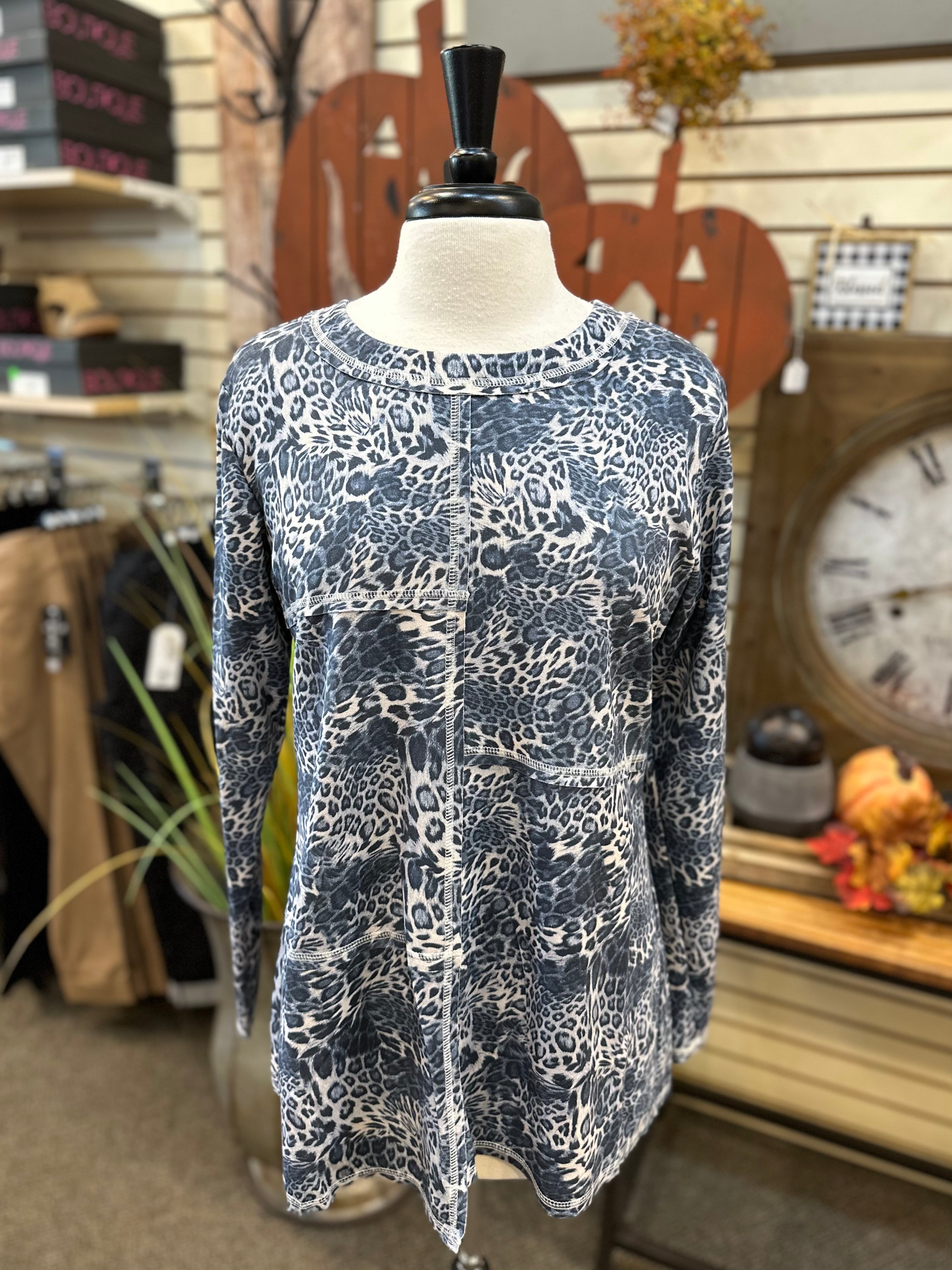 Ethyl Faux Suede Raw Edge Crew Neck in Leopard