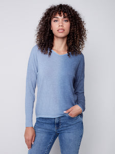 Charlie B Loose Ombré V-Neck Knit Top with Drop Shoulder