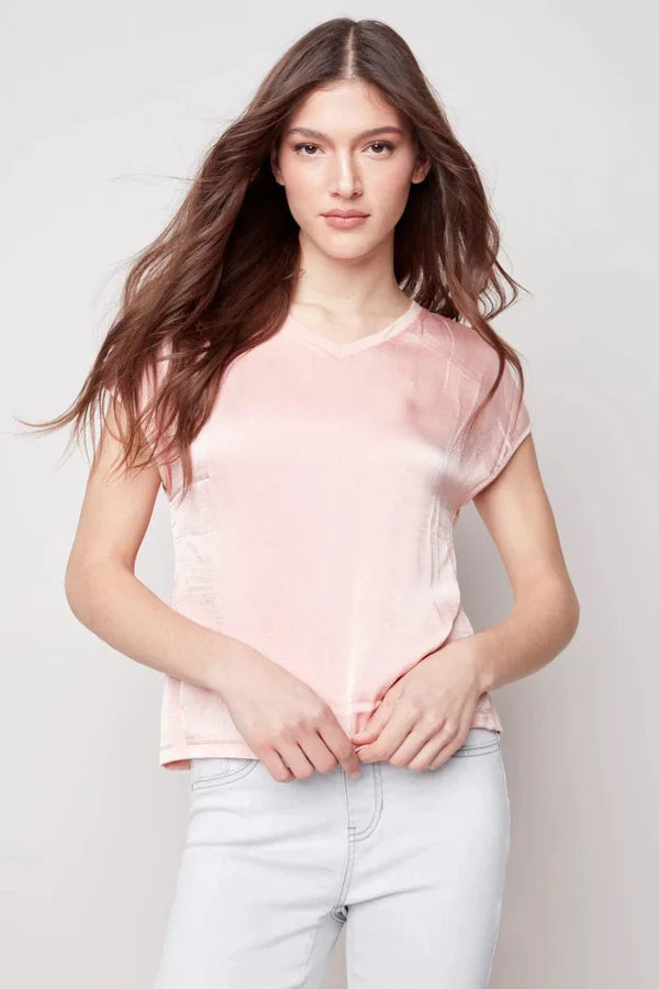 Charlie B Short Sleeve Satin Top - Pearl