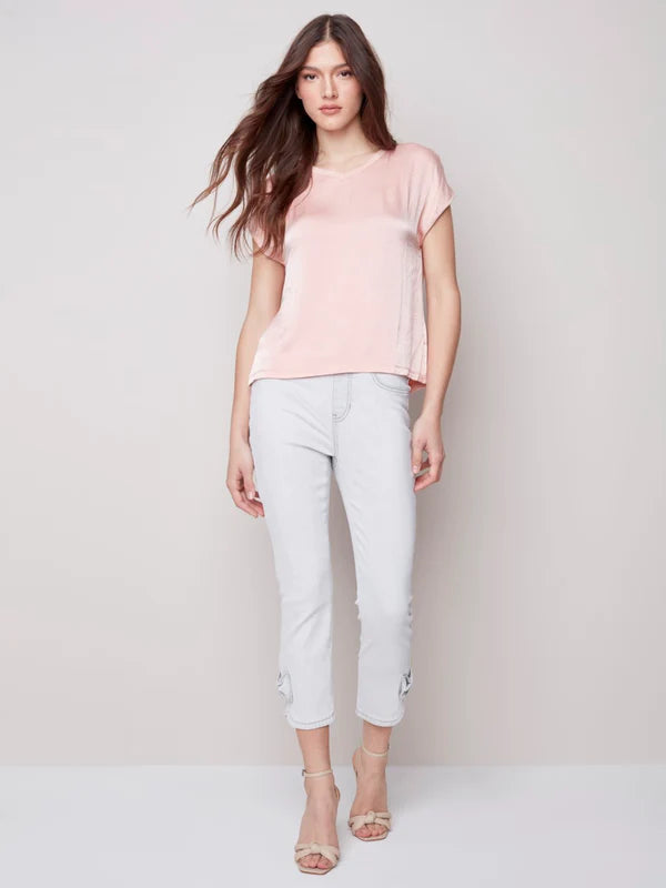 Charlie B Short Sleeve Satin Top - Pearl