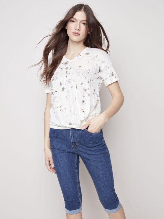 Charlie B Tie-Dye Linen Jersey V-Neck Knit Top - Natural