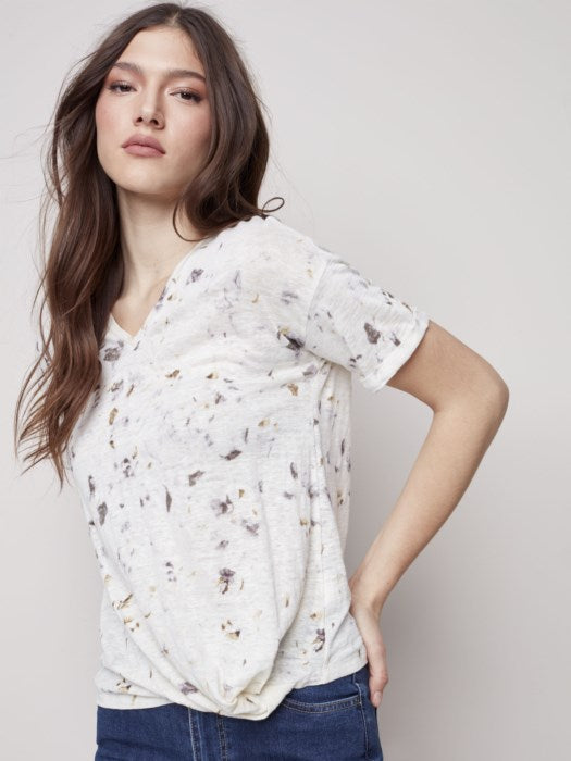 Charlie B Tie-Dye Linen Jersey V-Neck Knit Top - Natural