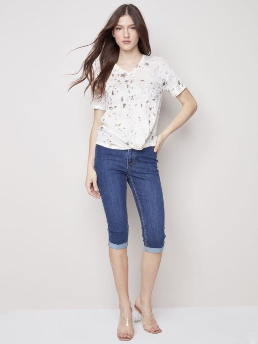 Charlie B Tie-Dye Linen Jersey V-Neck Knit Top - Natural