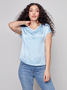 Charlie B Satin Knit Combo Short Sleeve Top - Cerulean