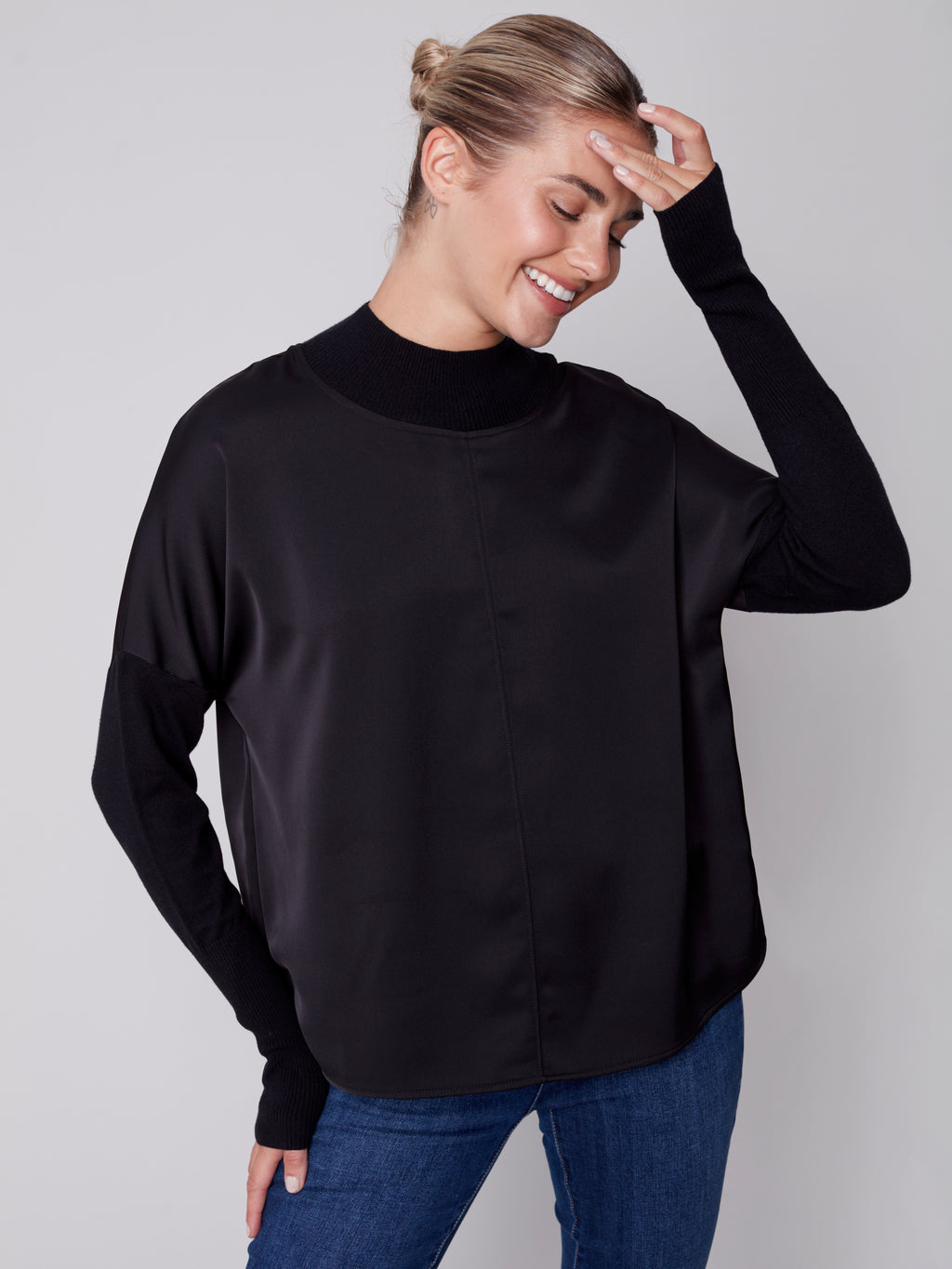 Charlie B Satin Mock Neck with Knit Sleeve - Black