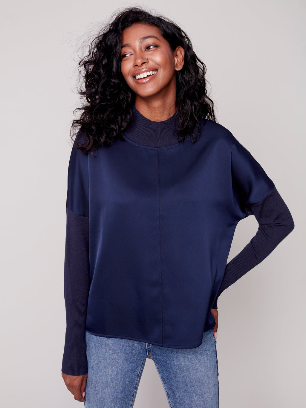 Charlie B Mock-Neck Satin-Knit Combo Top - Denim