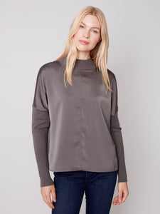 Charlie B Mock-Neck Satin-Knit Combo Top - Spruce