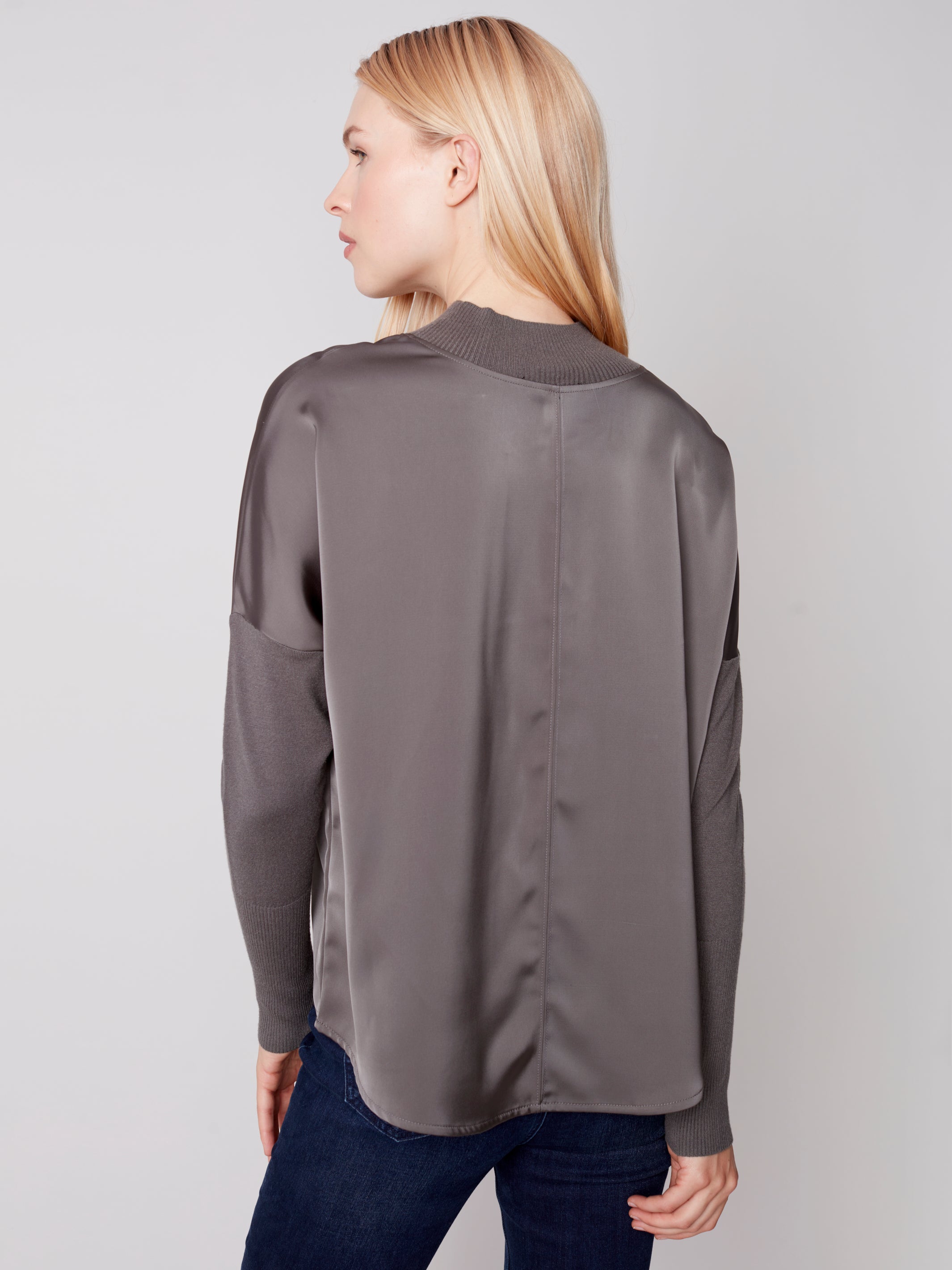 Charlie B Mock-Neck Satin-Knit Combo Top - Spruce