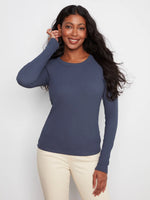 Charlie B Cotton Blend Ribbed Long Sleeve Top - Midnight