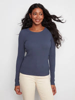 Charlie B Cotton Blend Ribbed Long Sleeve Top - Midnight
