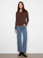 Charlie B Cotton Blend Ribbed Long Sleeve Top - Coffee