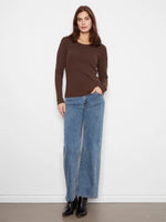 Charlie B Cotton Blend Ribbed Long Sleeve Top - Coffee