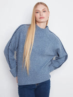 Charlie B Long Raglan Sleeve Mock Neck with Stitch Detail - Heather Denim