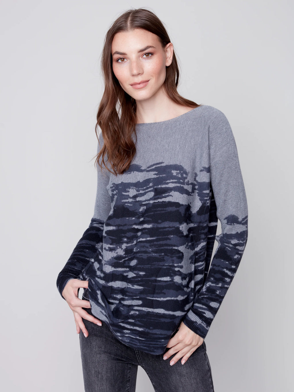 Charlie B Printed Plushy Knit Sweater - Charcoal