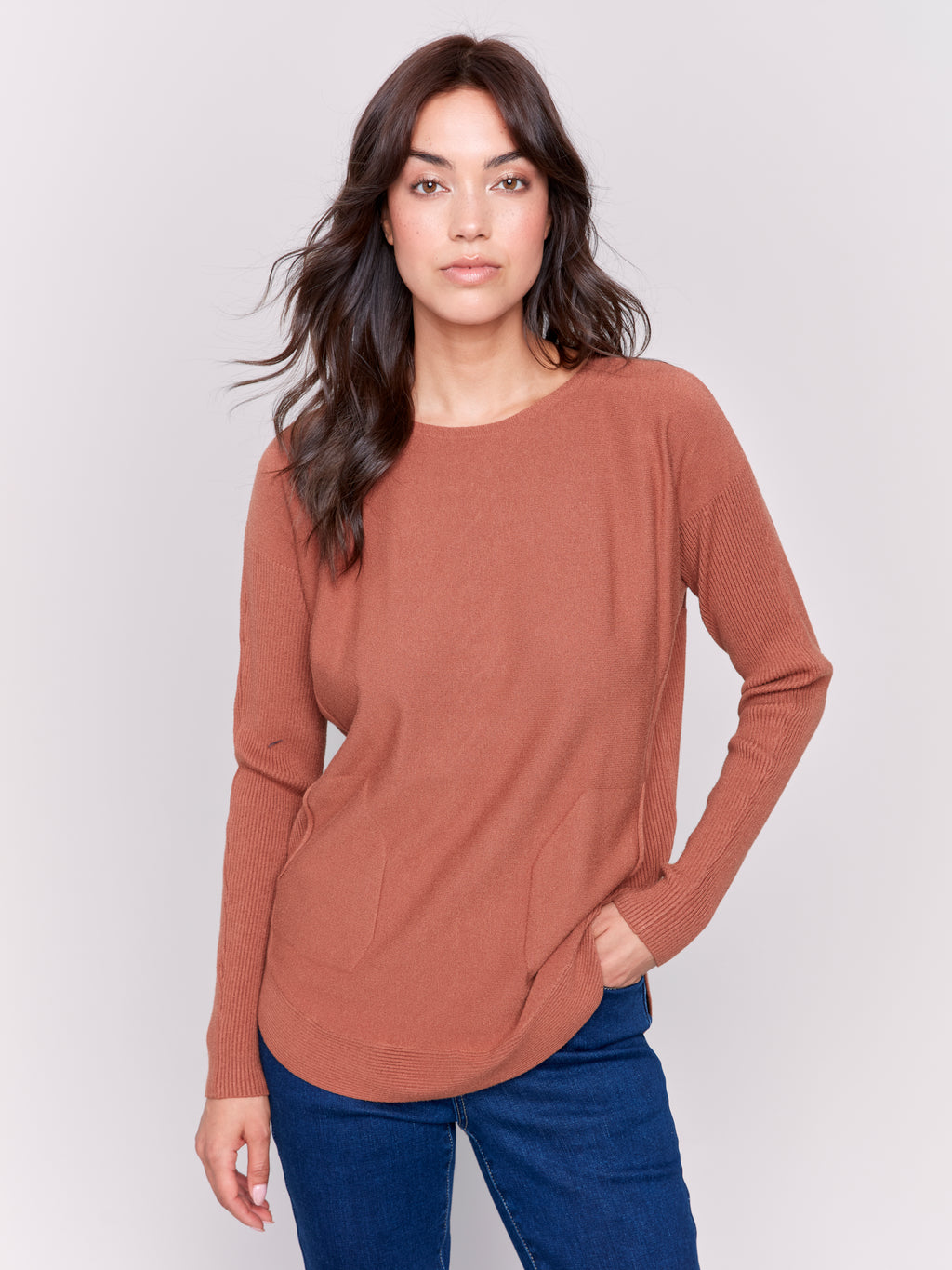 Charlie B Plushy Sweater with Eyelet Back - Terracota