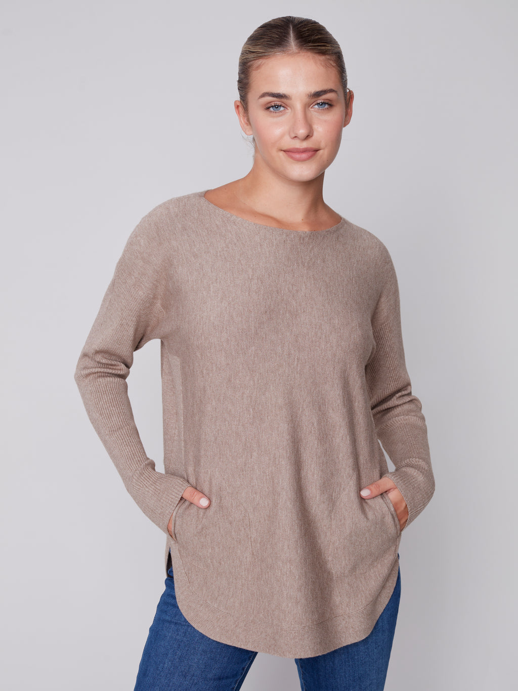 Charlie B Plushy Sweater with Eyelet Back - Truffle