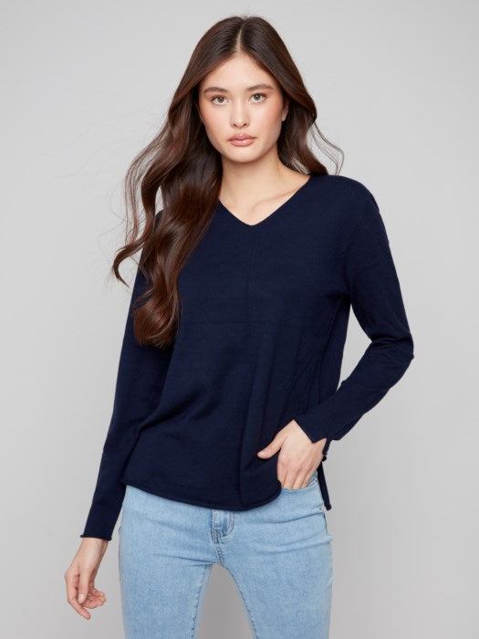 Charlie B Long Sleeve Basic V-Neck Sweater - Navy