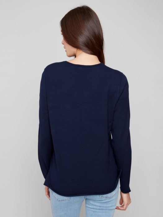 Charlie B Long Sleeve Basic V-Neck Sweater - Navy