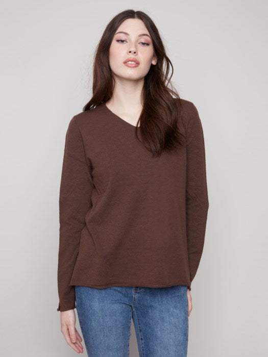 Charlie B Long Sleeve Basic V-Neck Sweater - Mocha