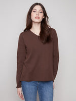Charlie B Long Sleeve Basic V-Neck Sweater - Mocha