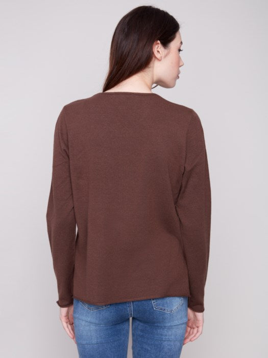 Charlie B Long Sleeve Basic V-Neck Sweater - Mocha