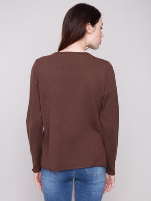 Charlie B Long Sleeve Basic V-Neck Sweater - Mocha