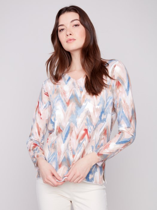 Charlie B Long Sleeve Printed V-Neck Sweater - Chevron