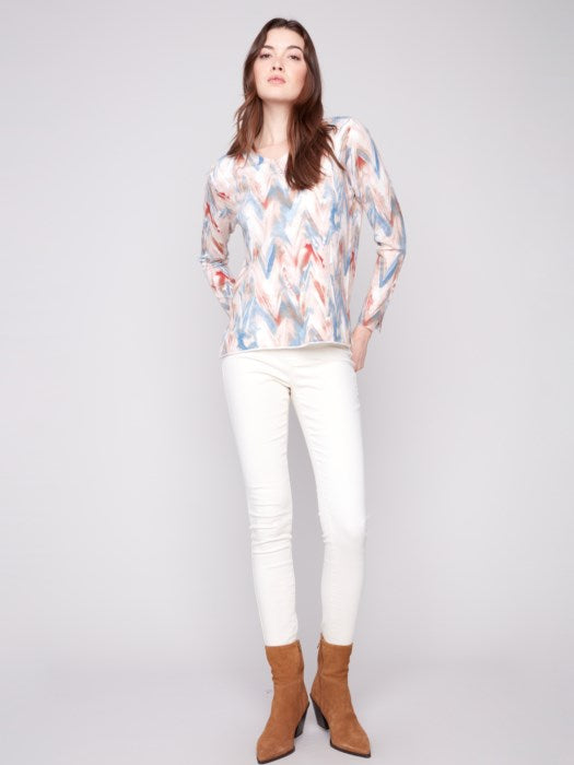 Charlie B Long Sleeve Printed V-Neck Sweater - Chevron
