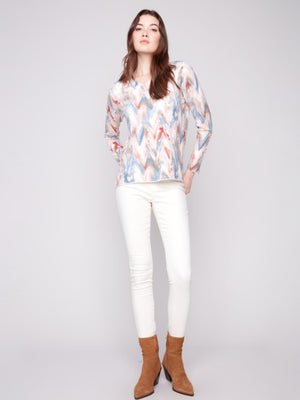 Charlie B Long Sleeve Printed V-Neck Sweater - Chevron