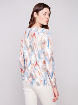 Charlie B Long Sleeve Printed V-Neck Sweater - Chevron