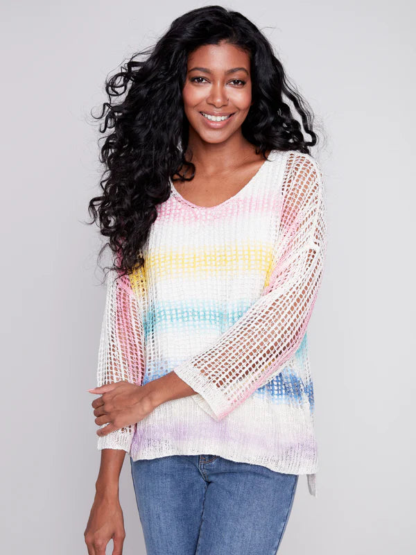 Charlie B Fishnet Crochet Sweater with Drop Shoulder 3/4 Sleeve - Rainbow
